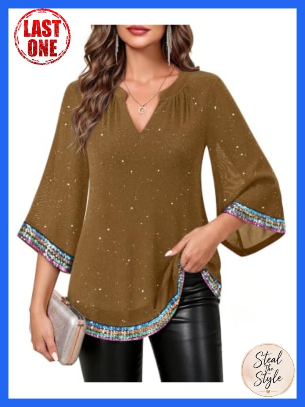 Women's Sequin Tunic Top 3/4 Sleeve V-Neck Sparkly Blouse